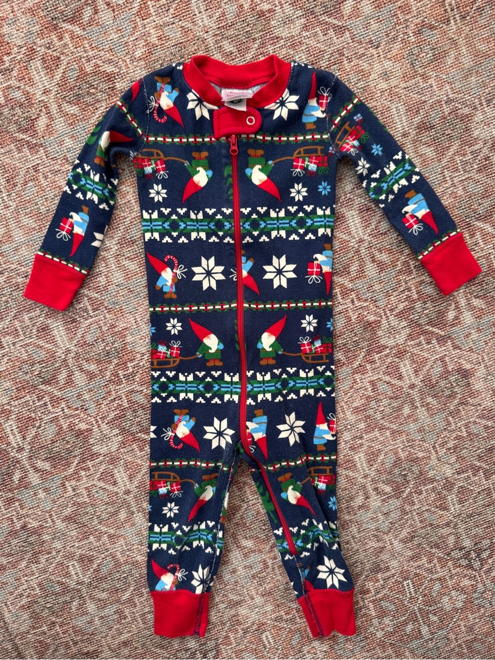 Hannah Holiday Gnome One-Piece Pajamas - Navy & Red